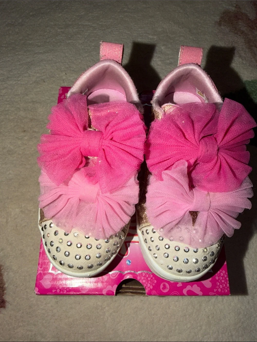 Skechers Twinkle Toes Pink Glitter Light-Up Sneakers with Tulle Flower Accents